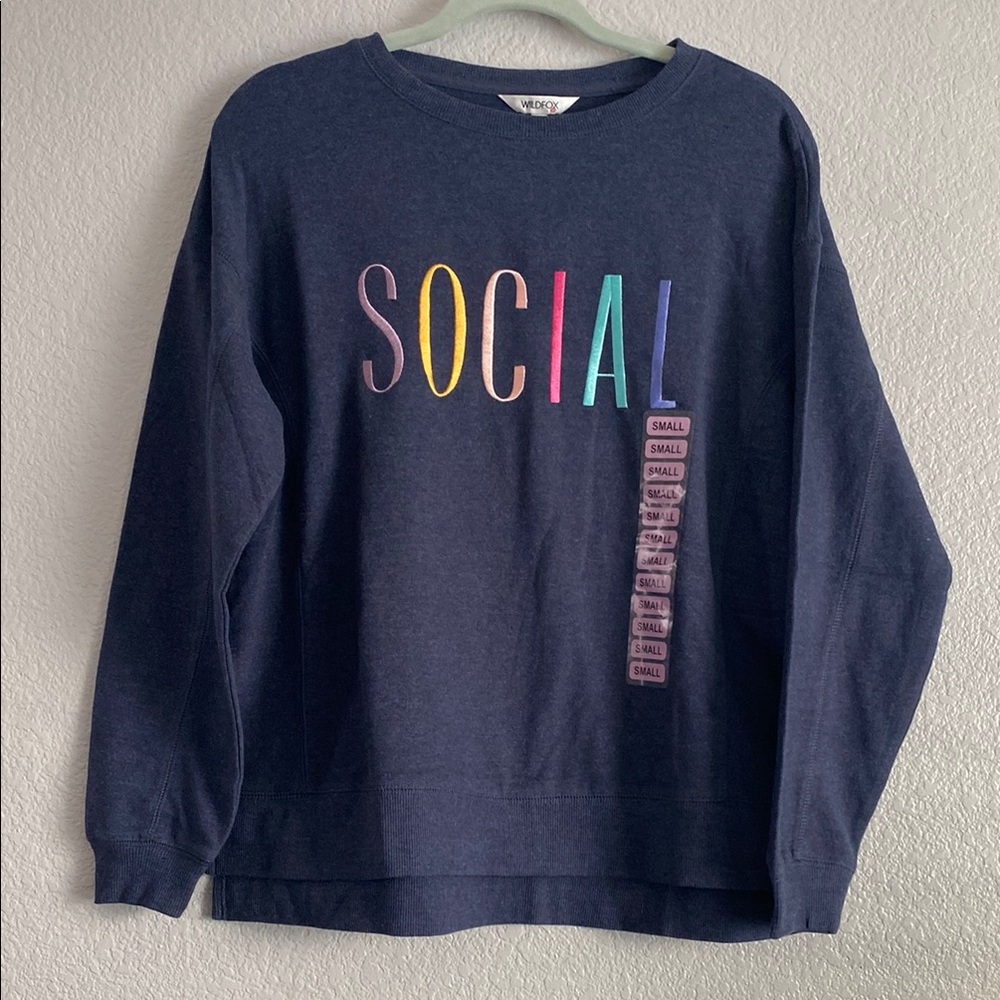 WILDFOX Blue Social Sweatshirt Women Size Small Cotton Blend Long Sleeve
